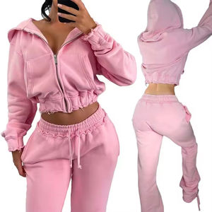 Ensemble de survêtement deux pièces pour femme en molleton uni à capuche zippé, avec pantalon de jogging, pour l'entraînement, vente en gros - Product Image 1