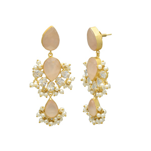 Boucles d'oreilles pendantes vintage en laiton plaqué or 24 carats avec quartz rose, zircon cubique et perles d'eau douce pour femme - Product Image 2