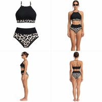 Set Bikini Racerback Kerah Tinggi Bergaris Motif Leopard Celana Renang Pinggang Tinggi Wanita Logo Kustom Label Pribadi OEM ODM Pakaian Pantai