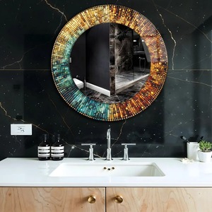Tempered Glass <b>Round</b> Wall <b>Mirror</b> with Metal Frame Handmade Modern <b>Bathroom</b> Decor Mosaics Look From REHMAN CRAFT - Product Image 1
