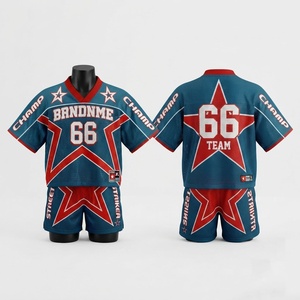 Conjunto Deportivo Premium de Jersey de Malla de Poliéster de 140 GSM, Impresión Personalizada por Transferencia de Calor, Transpirable, Cierre con Cordón, Color Verde Azulado, Rojo y Blanco - Product Image 1