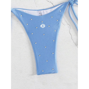 2026 New Women's Rhinestone Sky Blue Triangle <b>Bikini</b> <b>Set</b> Halter Neck Side Tie Two Piece Swimwear Light Blue Beachwear Bulk Order - Product Image 1