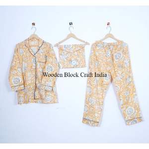 Ensemble de pyjama en coton à manches 3/4 à imprimé floral, imprimé à la main, vêtements de nuit pour femmes, couleur unie disponible, prix de gros - Product Image 1