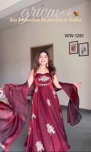 Robe Anarkali brodée marron, longue jusqu'au sol, avec dupatta, tenue traditionnelle indienne et pakistanaise pour femmes - Product Image 2