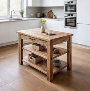 โต๊ะครัวไม้เนื้อแข็งพรีเมียมพร้อมลิ้นชักเก็บของและชั้นวางแบบเปิดสองชั้น สไตล์ฟาร์มเฮาส์ แข็งแรงทนทาน ตกแต่งห้องครัว - Product Image 2