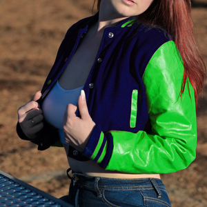 Chaqueta Corta Estilo Universitaria para Mujer, Color Negro y Verde Lima, Estilo Bomber, Mangas de Cuero Sintético, Ropa Exterior Informal, Moda Femenina - Product Image 1
