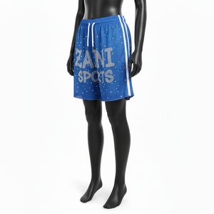 Shorts deportivos transpirables de poliéster para mujer, color azul con paneles laterales blancos, logotipo con pedrería brillante y transferencia térmica. - Product Image 4