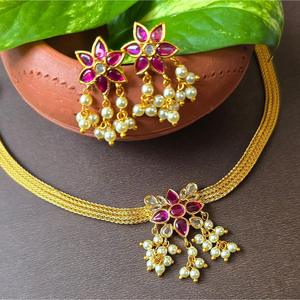 <b>Ruby</b> Kemp Stone Attigai 24K Gold Plated Bridal <b>Necklace</b> and Earring Set - Product Image 1