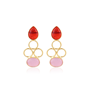 Handmade <b>Red</b> Hydro & Pink Cat'seye Gemstone Brass <b>Drop</b> <b>Earrings</b> Gold Plated Fashion Jewelry for Women - Product Image 1