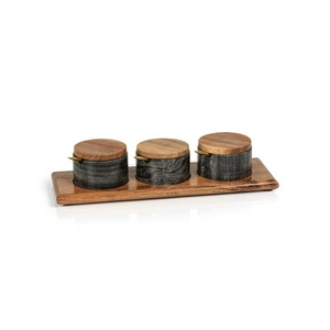 Ensemble de bols en marbre noir de qualité supérieure avec base ronde, support à trois compartiments pour condiments, ensemble de service moderne, distributeur de sel et d'épices, plateau de table de luxe - Product Image 6