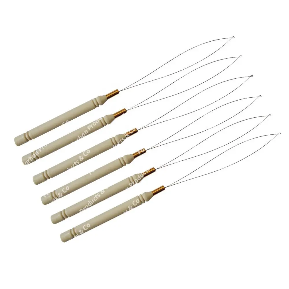 6 Pcs Wood Hair Extension Loop Needle Threader Wire Pulling Hook for Silicone Micro link Ring beads and Extensions Loop Tool