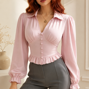 Elegant Casual Women's Pink Chiffon Shirt with <b>Puff</b> Sleeve Simple Design Spring Season Vietnam Manufacturer Support OEM/ODM - Product Image 3