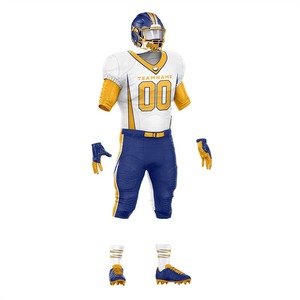Ensemble d'uniformes de football américain personnalisés, casque, chaussettes, gants, maillot sublimé blanc, bleu, or, vêtements de sport d'été pour hommes, coupe courte - Product Image 2