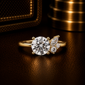 Anillos de lujo con diamante cultivado en laboratorio de corte redondo de 1.00 ct y detalles en forma de marquesa, certificado IGI, anillos de compromiso de oro puro de 14K para mujer. - Product Image 1