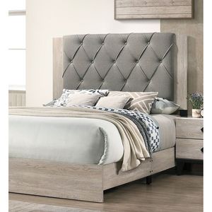 Letto matrimoniale contemporaneo con finitura crema e testiera trapuntata grigia, 1 letto con struttura in legno di gomma, mobili per camera da letto - Product Image 4