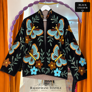 Rajasthani Textile Velvet Knitted Zipper <b>Mandarin</b> <b>Collar</b> Bomber <b>Jacket</b> Floral Pattern Handmade Full Sleeve Autumn Elegant - Product Image 3