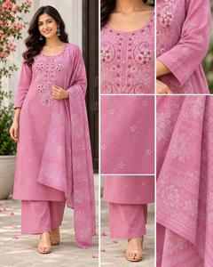 Premium <b>Women</b> Three Piece Ethnic Suit Pink Embroidered <b>Kurta</b> Trouser Dupatta Festive Party Wear Manufacturer Exporter - Product Image 4