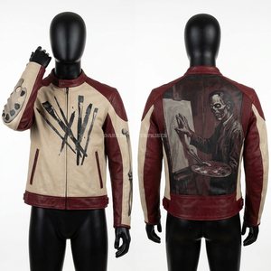 Grey Black Leather <b>Racing</b> <b>Jacket</b> Headless Monk Graphic Axe Print Gothic Streetwear Biker Outerwear Custom Manufacturer Direct - Product Image 3