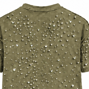Camiseta Verde Oliva Unisex con Perlas, Cuello Redondo, Manga Corta, Decorada con Perlas, Personalizada, Moda Casual, Estilo Urbano, 100% Algodón - Product Image 4