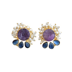 Aros de Latón al por Mayor, Pendientes de Botón Naturales con Piedras Semipreciosas Naturales, Acabado de Latón Antiguo, Estilo Moderno, Alta Calidad - Product Image 1