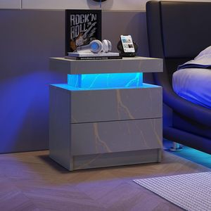 Modern Grey Gold <b>LED</b> Nightstand with 2 Drawers <b>Bedside</b> <b>Table</b> Cabinet Lights for Bedroom - Product Image 1