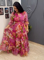 Robe longue décontractée vintage en georgette à imprimé floral, style occidental, col en V, manches 3/4, grande taille, pour femme, collection été 2026