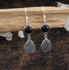 Pendientes de Labradorita Natural y Ónix Negro, Plata de Ley 925, Pendientes Colgantes con Gema de Fuego Azul, Joyería de Piedras Mixtas al por Mayor para Mujer - Product Image 6