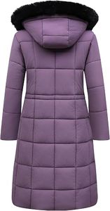 Abrigo Largo Acolchado de Invierno para Mujer con Capucha con Ribete de Piel, Cierre de Botones, Manga Larga, Color Morado Sólido, Prenda Exterior Cálida - Product Image 4