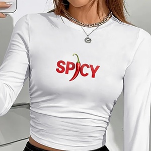 Camiseta de Manga Larga para Mujer, Color Rojo Intenso, Estilo Y2K, Tejido de Punto, Estampado, Cuello Redondo, Spandex/Poliéster - Product Image 3