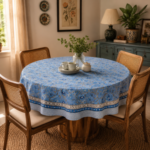 Premium Artisan Cotton Round <b>Table</b> <b>Cover</b> Blue Floral Printed Indian Block Print Pattern Reusable Customized Dining <b>Table</b> Linen - Product Image 5