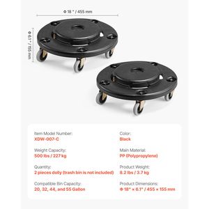 Base con Ruote per Bidone della Spazzatura, 4 Ruote Bloccabili, Capacità 500 lbs, per Contenitori da 20, 32, 44, 55 Galloni, Attrezzatura da Cucina Commerciale - Product Image 2
