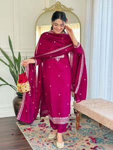 Premium and Elegant Women's Maroon CP Vichitra Embroidery Straight <b>Kurti</b> with CP Vichitra Pant And Printed Dupatta Sets - Product Image 3