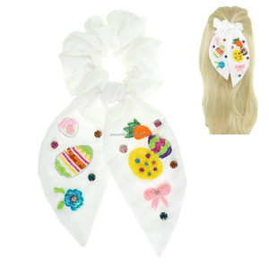 Tema de Pascua bordado Scrunchie con cuentas huevos piña lazo Floral bufanda lazo para el cabello niñas fiesta algodón y satén accesorio regalo - Product Image 2