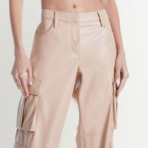 Pantalones Cargo Largos de Cuero para Mujer, Estilo Casual, de Pierna Ancha, Cintura Alta, con Bolsillos Holgados, Fabricante OEM Personalizado - Product Image 6