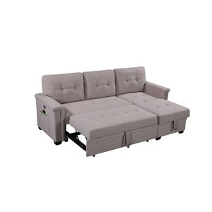 Divano Sezionale Reversibile Ashlyn 84 Pollici Grigio Chiaro con Chaise Longue Contenitore, Porte USB e Tasche - Divano Letto con Ricarica USB - Product Image 1
