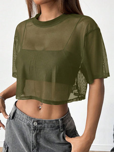 Retro Olive Green <b>Mesh</b> Crop <b>Top</b> <b>Women</b>’s Casual Streetwear Shirt Custom OEM - Product Image 3