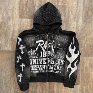 Vintage Washed Heavyweight Cotton Hoodie <b>Mens</b> Oversized Zip-Up Sunfaded Graphic Hoodie with Custom Screen Print and Rhinestone - Product Image 1