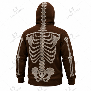 Men’s Brown Skeleton Rhinestone Hoodie with Full Zip Balaclava Mask, Crystal Skull Bone Pattern <b>Gothic</b> Hip Hop Streetwear <b>Jacket</b> - Product Image 3