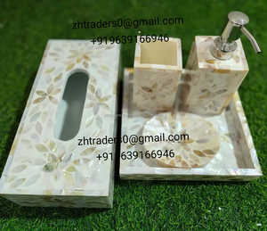 Ensemble de salle de bain fait main de qualité supérieure en incrustation de nacre blanche avec distributeur de savon en mosaïque d'os plateau à gobelet et porte-brosse à dents - Product Image 5