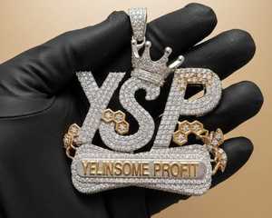Pendentif Moissanite entièrement serti de pierres, en argent sterling 925 plaqué or 18 carats, breloque lettre couronne, bijoux hip-hop pour hommes - Product Image 4