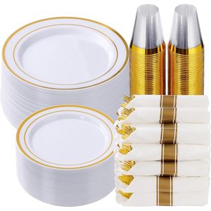 Kit di Articoli per Feste Usa e Getta di Lusso per 50 Ospiti, Set di Stoviglie in Plastica Dorata da 350 Pezzi Inclusi 50 Piatti per Cena e Dessert - Product Image 1