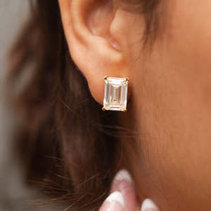 <b>Emerald</b> Cut Moissanite <b>Stud</b> Earrings 12 TCW Colorless VVS 14K Gold 6 Carat Solitaire Basket Screw Back Handmade Jewelry Gift - Product Image 1