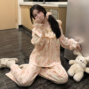 ชุดนอนผ้าฝ้ายเนื้อนุ่ม แขนยาวขายาว สไตล์เจ้าหญิง สำหรับผู้หญิง น่ารัก ใส่สบาย ชุดนอนฤดูใบไม้ผลิและฤดูใบไม้ร่วง - Product Image 3