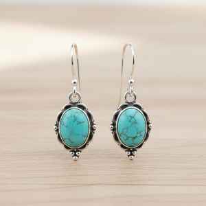Pendientes colgantes ovalados de turquesa, plata de ley, estilo bohemio occidental, joyería con piedras preciosas para mujer, regalo - Product Image 6
