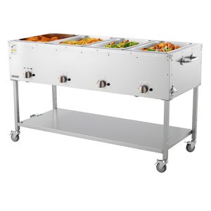 Table de maintien au chaud professionnelle en acier inoxydable à 4 bacs, à vapeur, au propane (GPL), pour extérieur, avec roues de 3 pouces et robinet de vidange, équipement de maintien au chaud et de conservation des soupes - Product Image 1