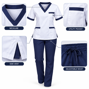 Ensemble d'uniformes médicaux unisexes à manches courtes, haut col en V et pantalon bleu marine, en tissu polyester tissé, avec détection d'aiguilles, sans coutures, pour hôpital - Product Image 6