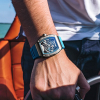 Montre automatique Bonest Gatti pour homme, forme tonneau, fond transparent, mouvement visible, bracelet en caoutchouc BG9901