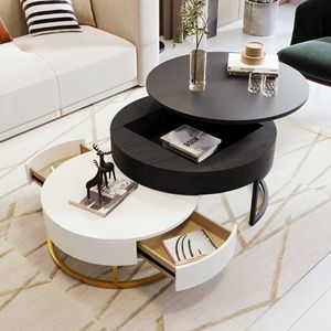 Modern Nesting Round <b>Lift</b>-top Coffee Tables with 2 Drawers White and Black Color - Product Image 2