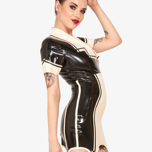 Robe moulante en cuir PU noir et crème, col contrastant, manches courtes, ourlet asymétrique, mini-robe ajustée pour soirée - Product Image 3