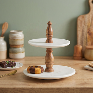 Support à dessert en marbre à deux niveaux fait main avec pilier en bois, présentoir durable pour gâteaux, cupcakes, collations et décoration de table élégante - Product Image 1